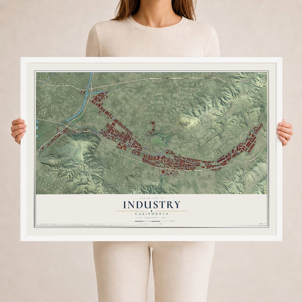 Map of Industry, California, 24 x 36 inch print in a white wood frame