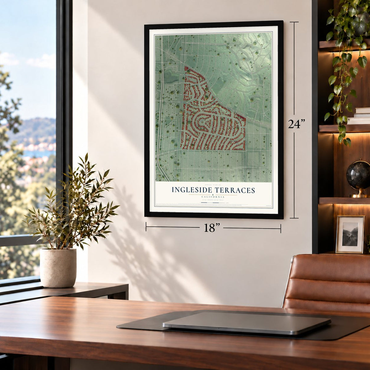 Ingleside Terraces, California map, 18 x 24 inch print in a black frame in a home office