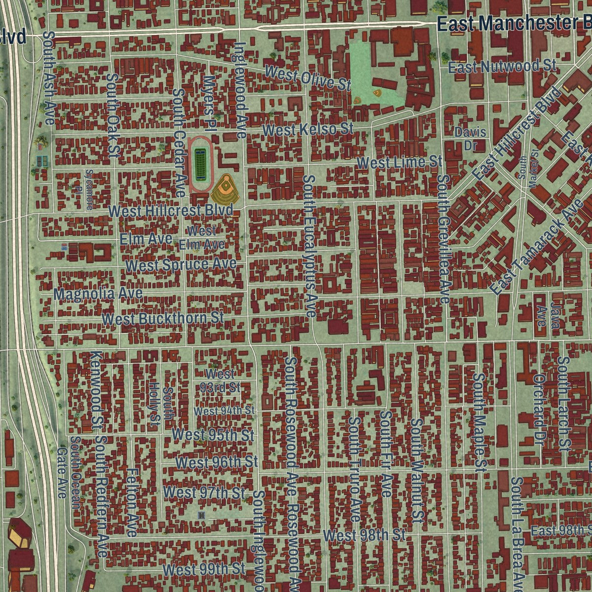 Close-up of the map of Inglewood, California print showing street and building detail