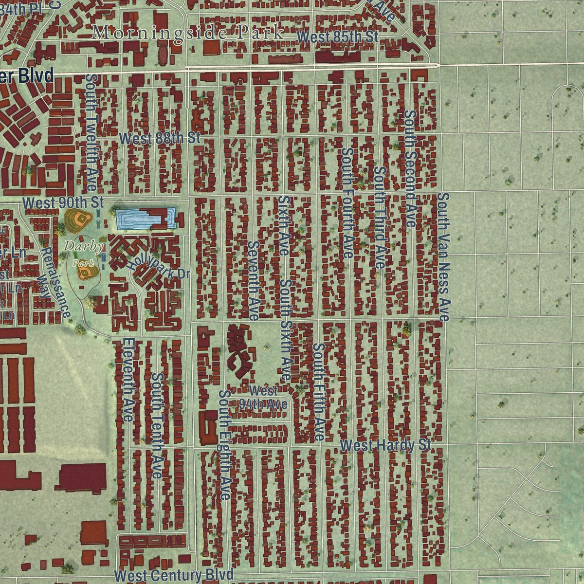 Second close-up of the map of Inglewood, California print showing more streets and buildings