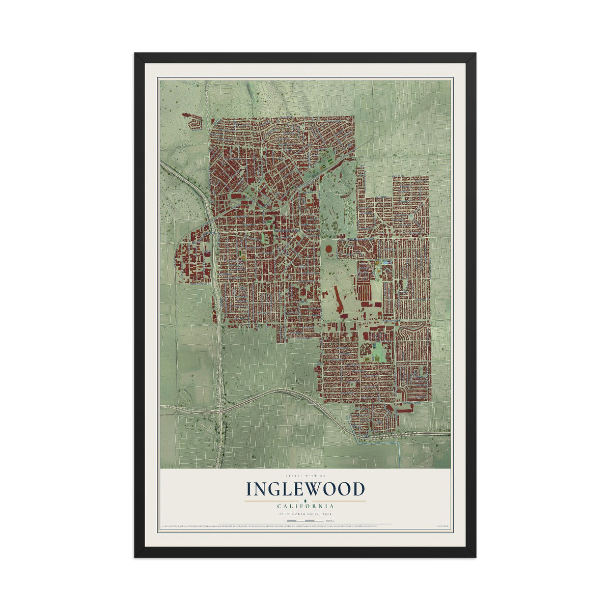 Map of Inglewood, California, 12 x 18 inch print in a black wood frame