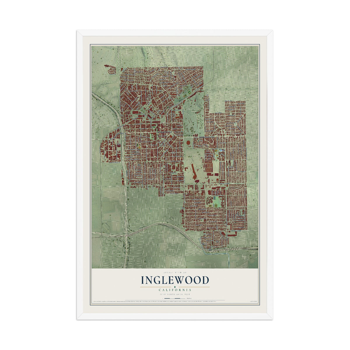 Map of Inglewood, California, 12 x 18 inch print in a white wood frame