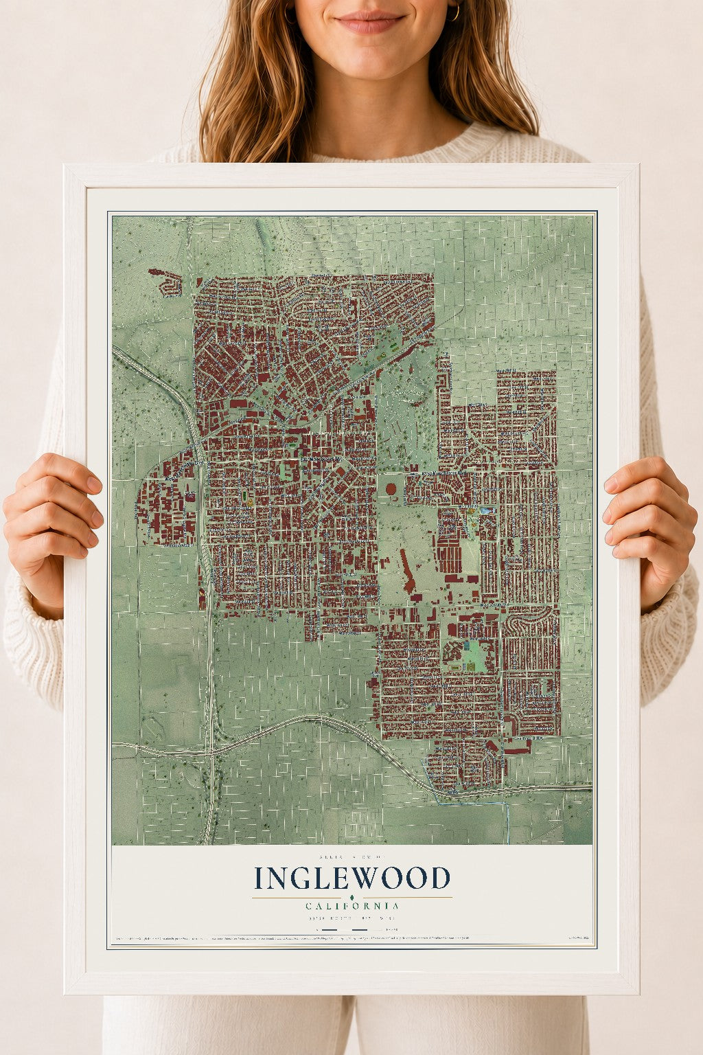Map of Inglewood, California, 18 x 24 inch print in a white wood frame