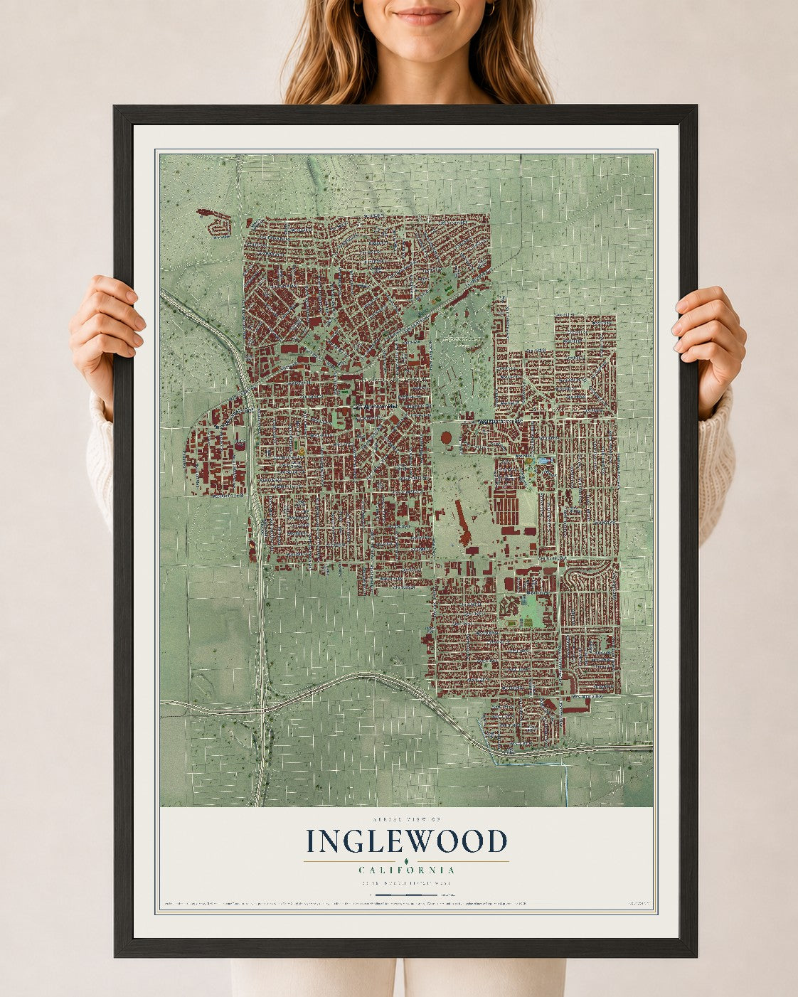 Map of Inglewood, California, 24 x 36 inch print in a black wood frame