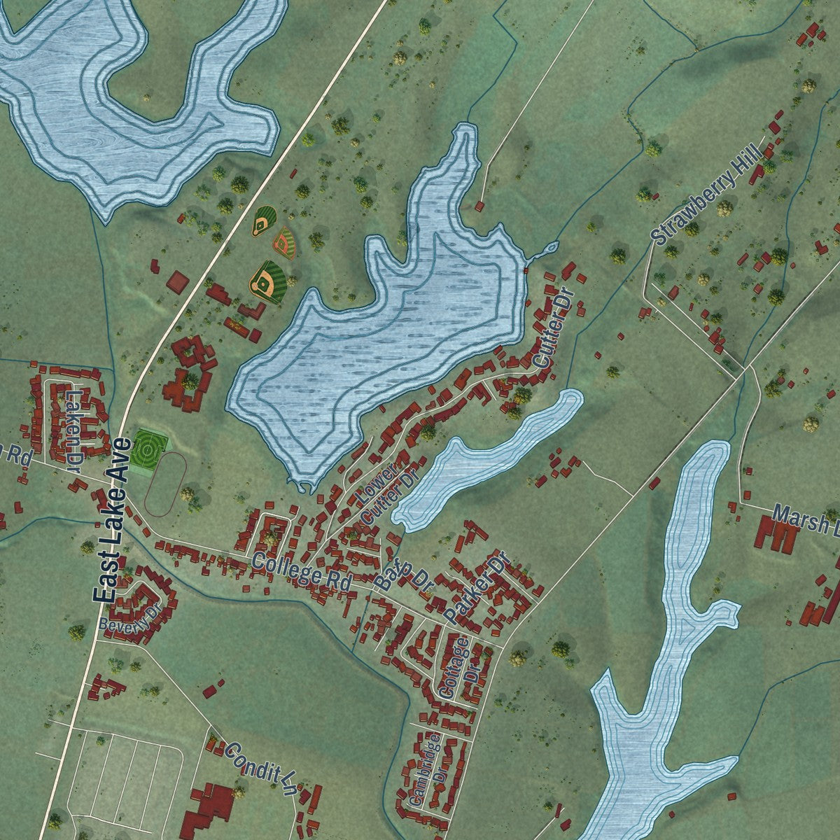 Close-up of the map of Interlaken, California print showing street and building detail