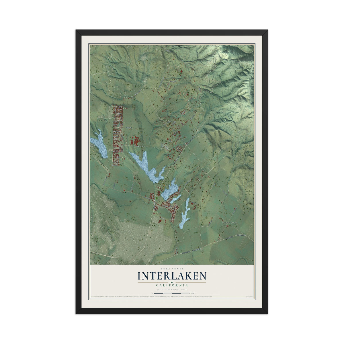 Map of Interlaken, California, 12 x 18 inch print in a black wood frame