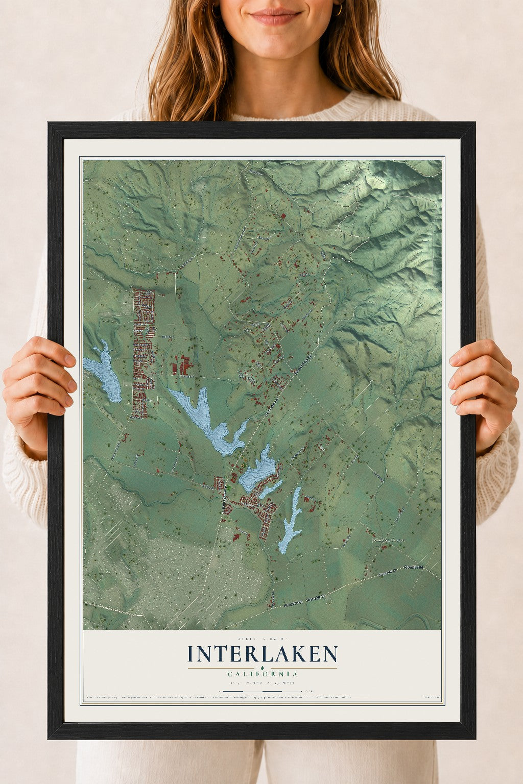 Map of Interlaken, California, 18 x 24 inch print in a black wood frame
