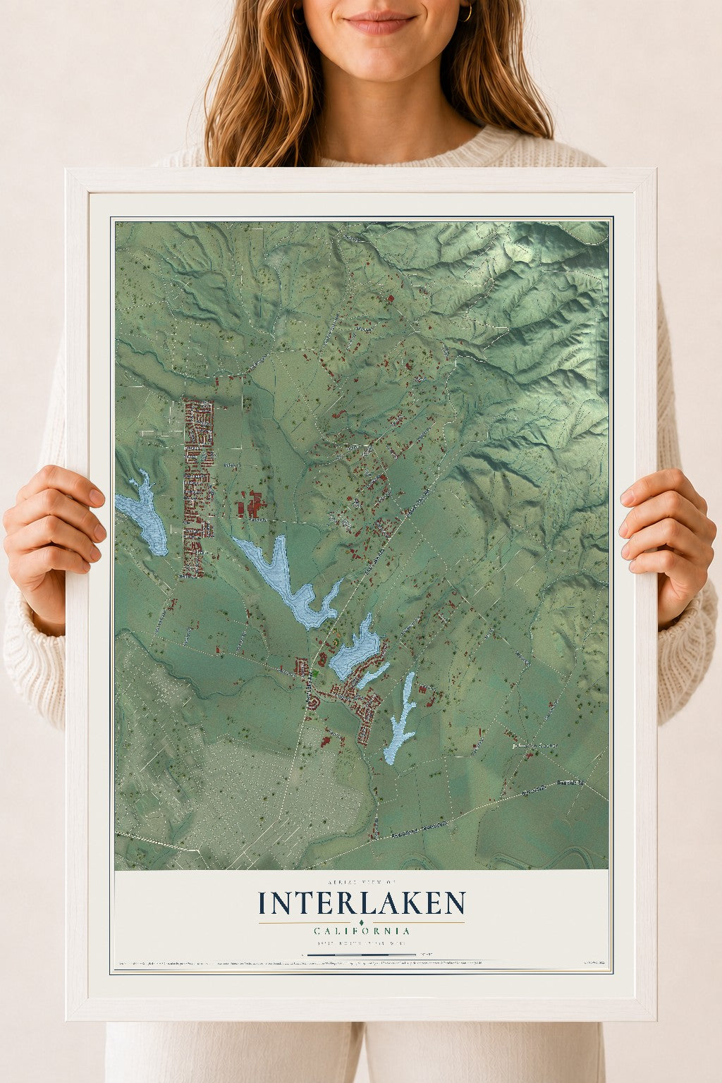 Map of Interlaken, California, 18 x 24 inch print in a white wood frame