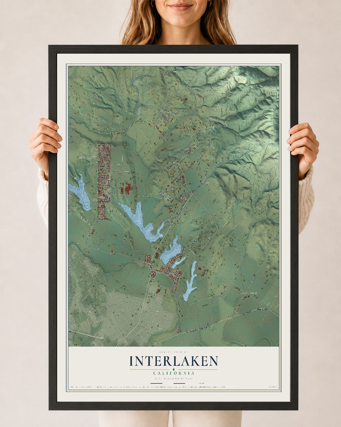 Map of Interlaken, California, 24 x 36 inch print in a black wood frame