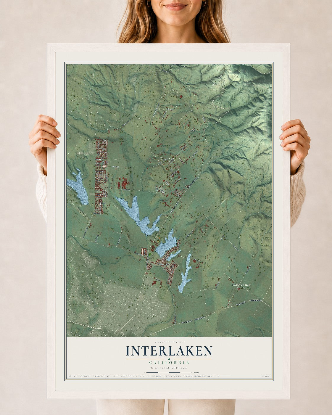 Map of Interlaken, California, 24 x 36 inch print in a white wood frame