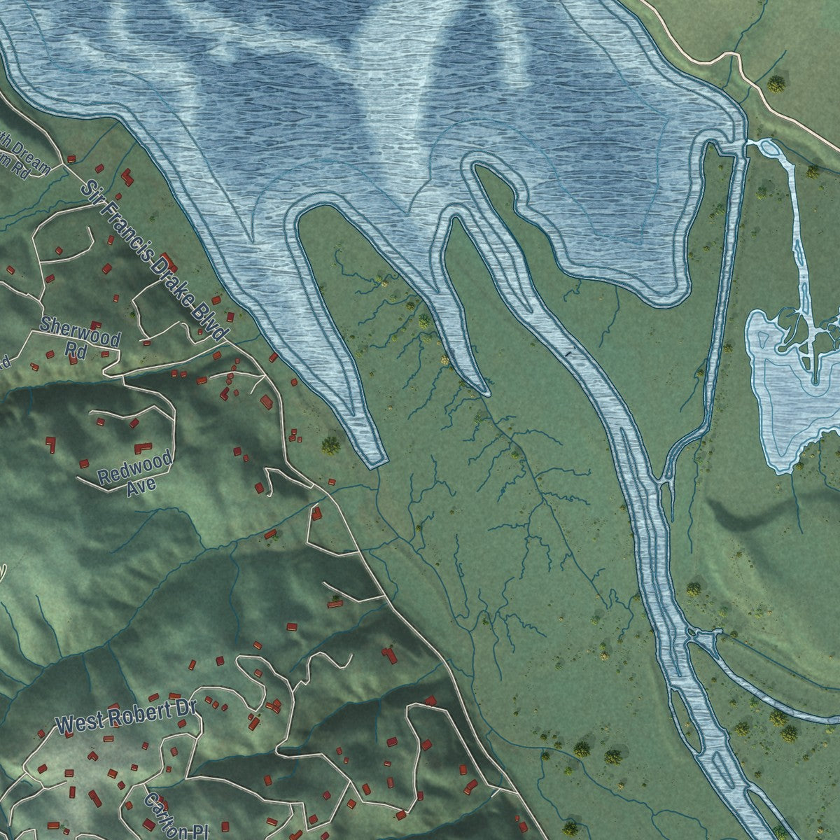 Second close-up of the map of Inverness, California print showing more streets and buildings