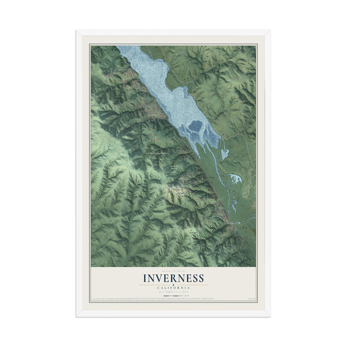 Map of Inverness, California, 12 x 18 inch print in a white wood frame