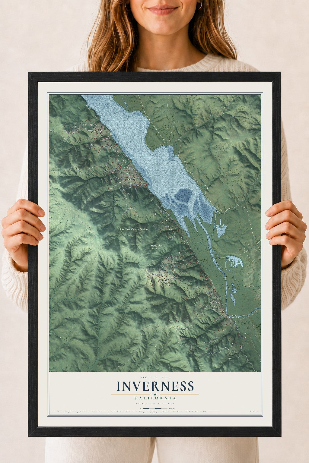 Map of Inverness, California, 18 x 24 inch print in a black wood frame