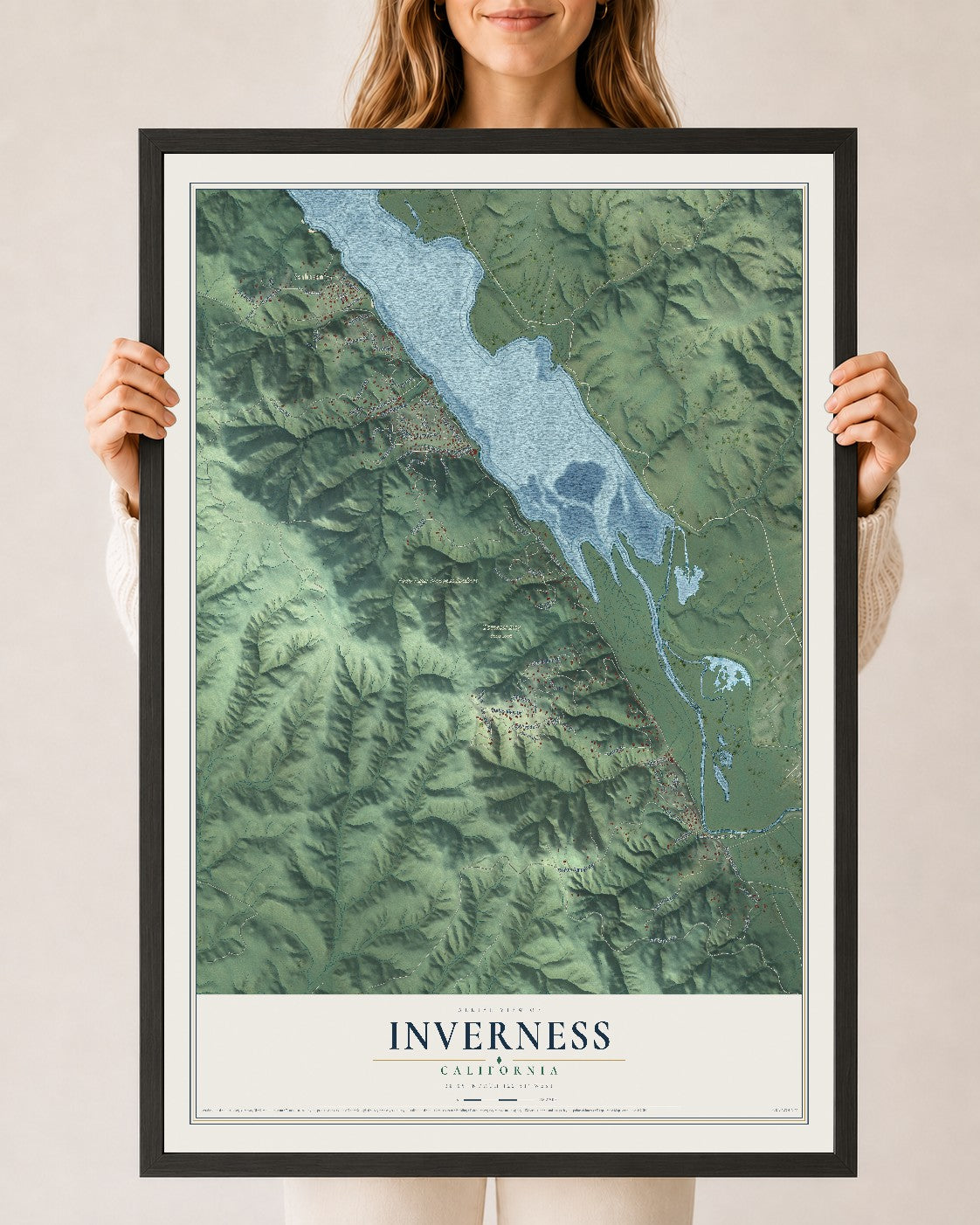 Map of Inverness, California, 24 x 36 inch print in a black wood frame