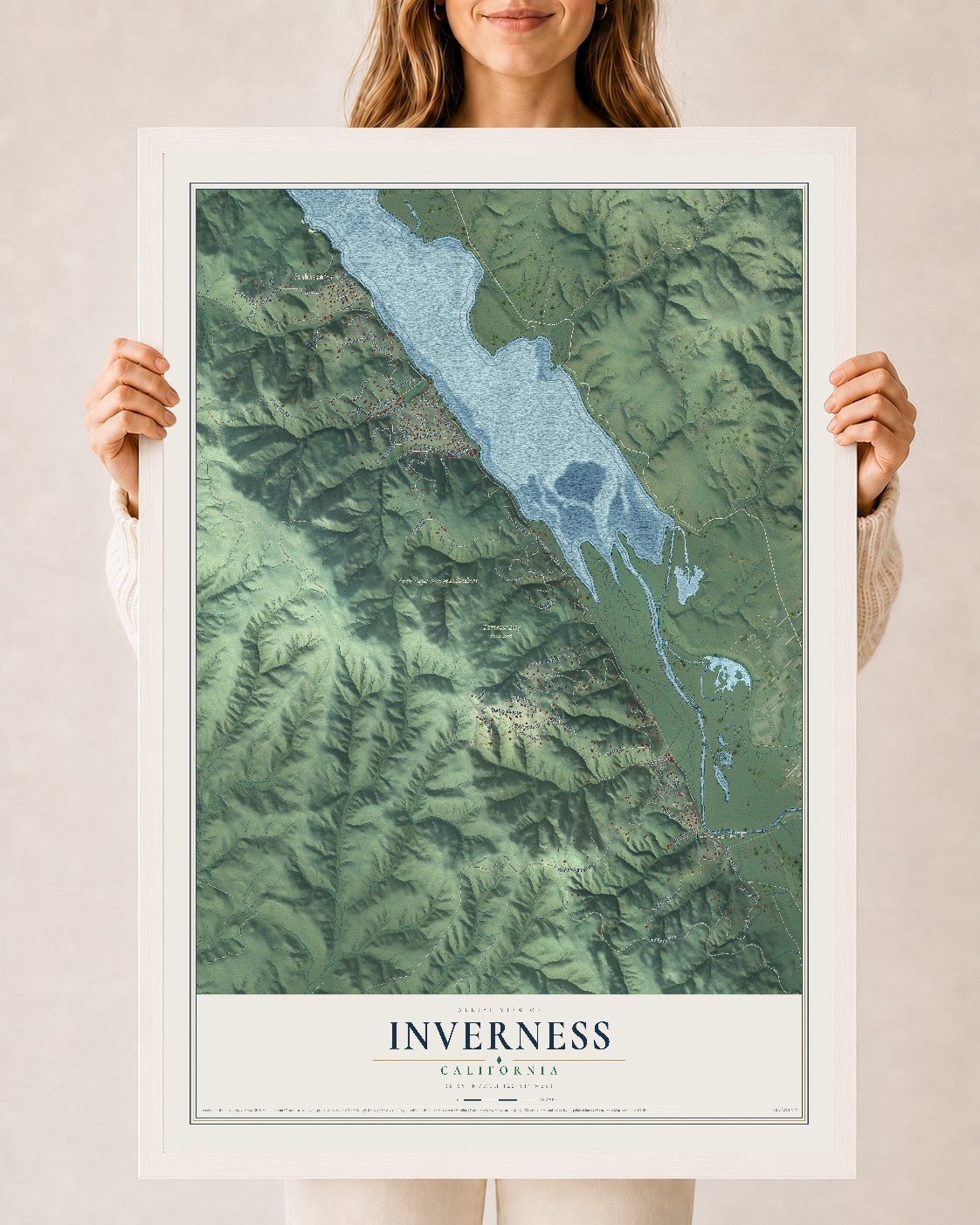 Map of Inverness, California, 24 x 36 inch print in a white wood frame