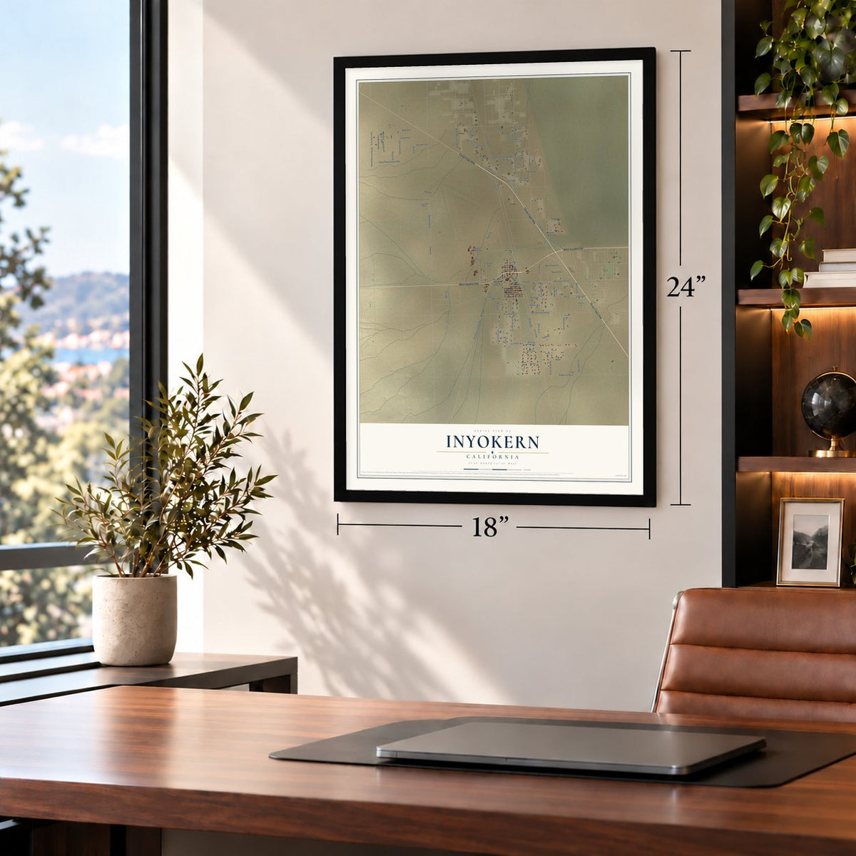 Inyokern, California map, 18 x 24 inch print in a black frame in a home office