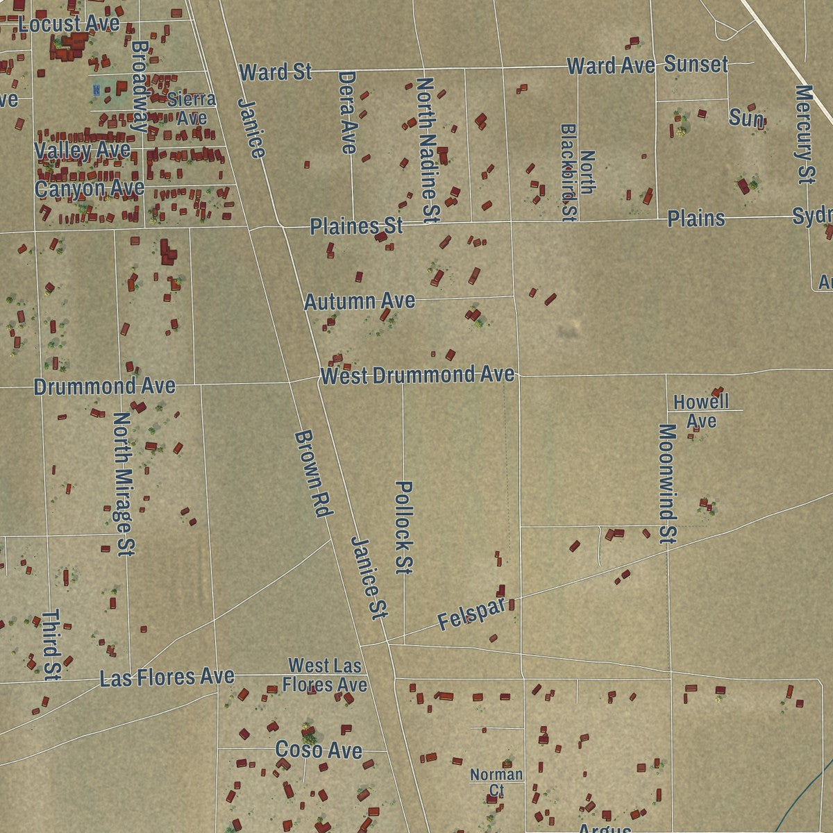 Close-up of the map of Inyokern, California print showing street and building detail