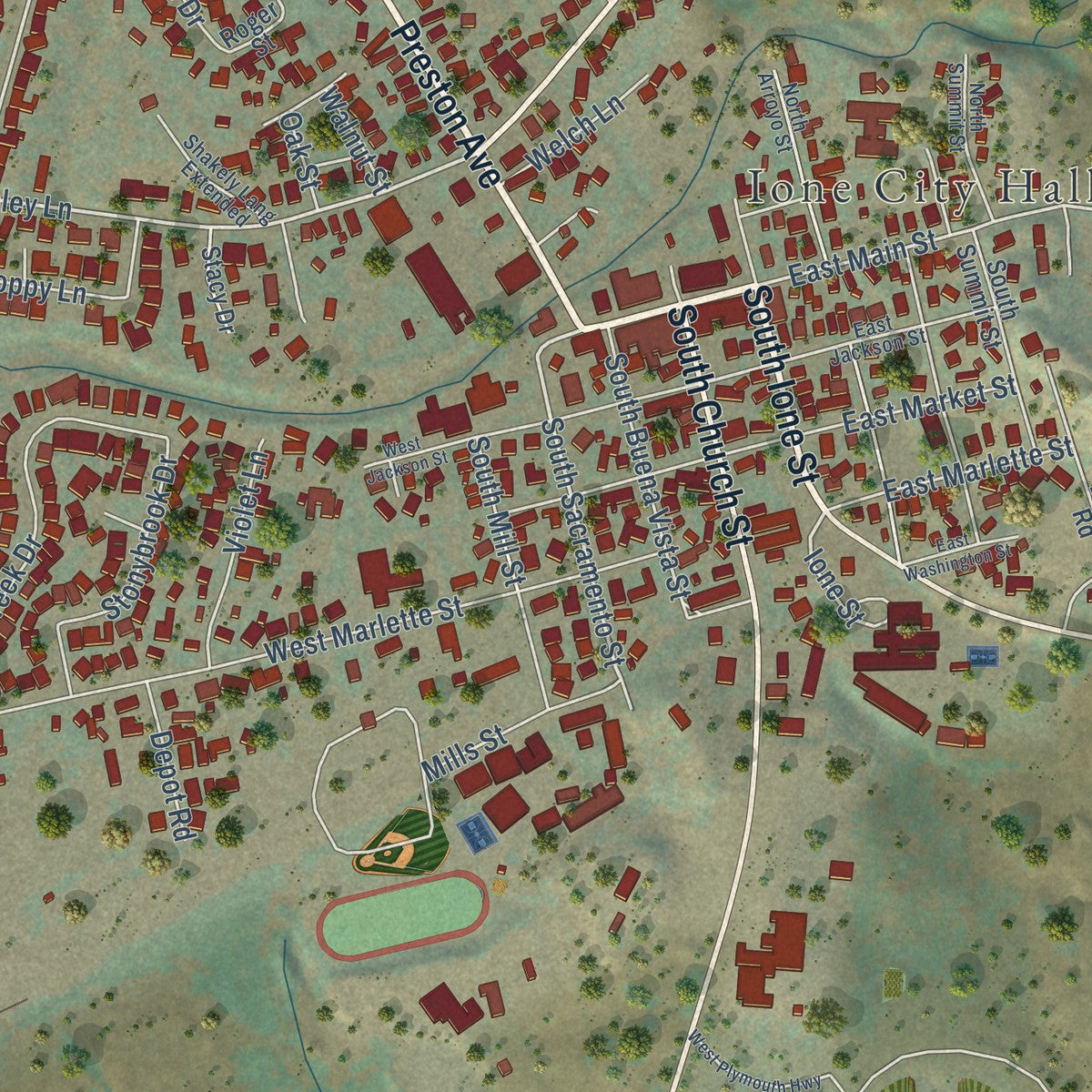Close-up of the map of Ione, California print showing street and building detail