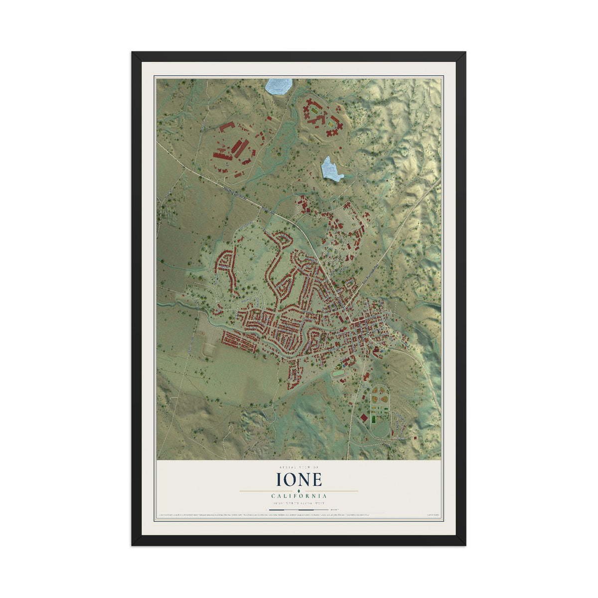 Map of Ione, California, 12 x 18 inch print in a black wood frame