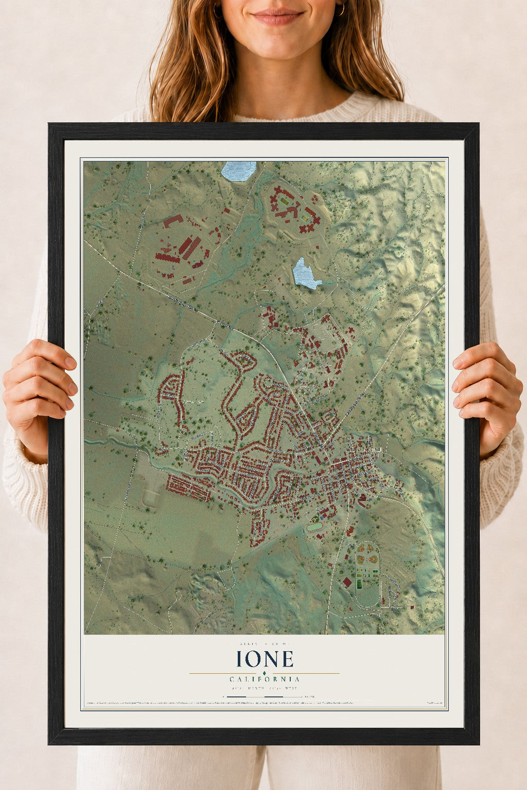 Map of Ione, California, 18 x 24 inch print in a black wood frame