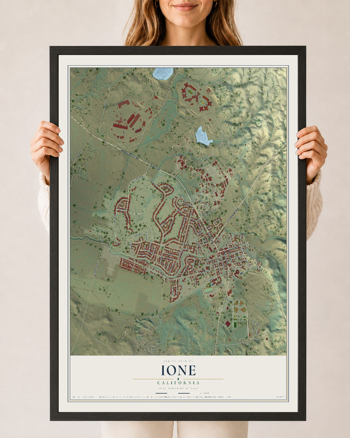 Map of Ione, California, 24 x 36 inch print in a black wood frame