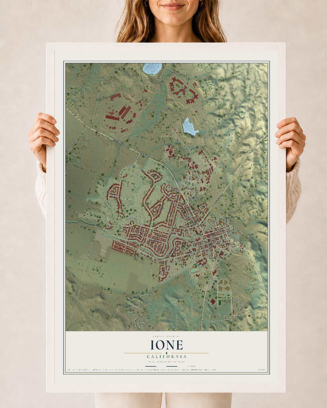 Map of Ione, California, 24 x 36 inch print in a white wood frame