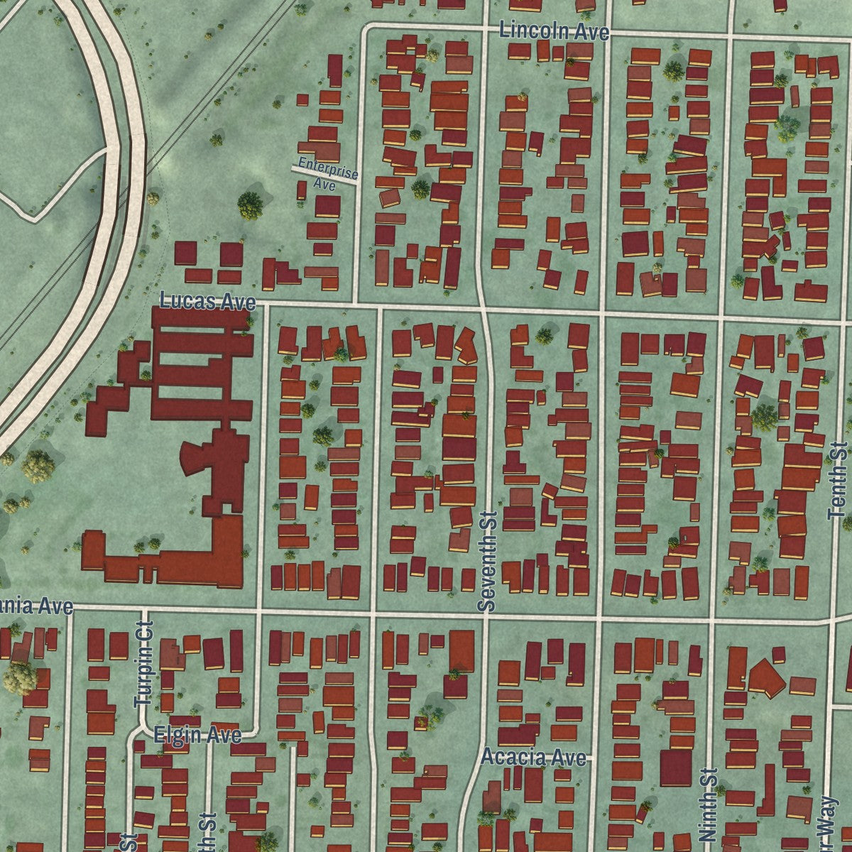 Close-up of the map of Iron Triangle, California print showing street and building detail
