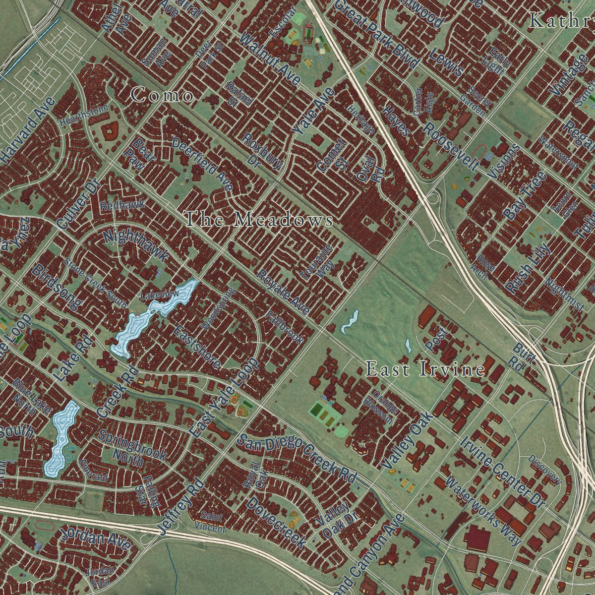 Close-up of the map of Irvine, California print showing street and building detail