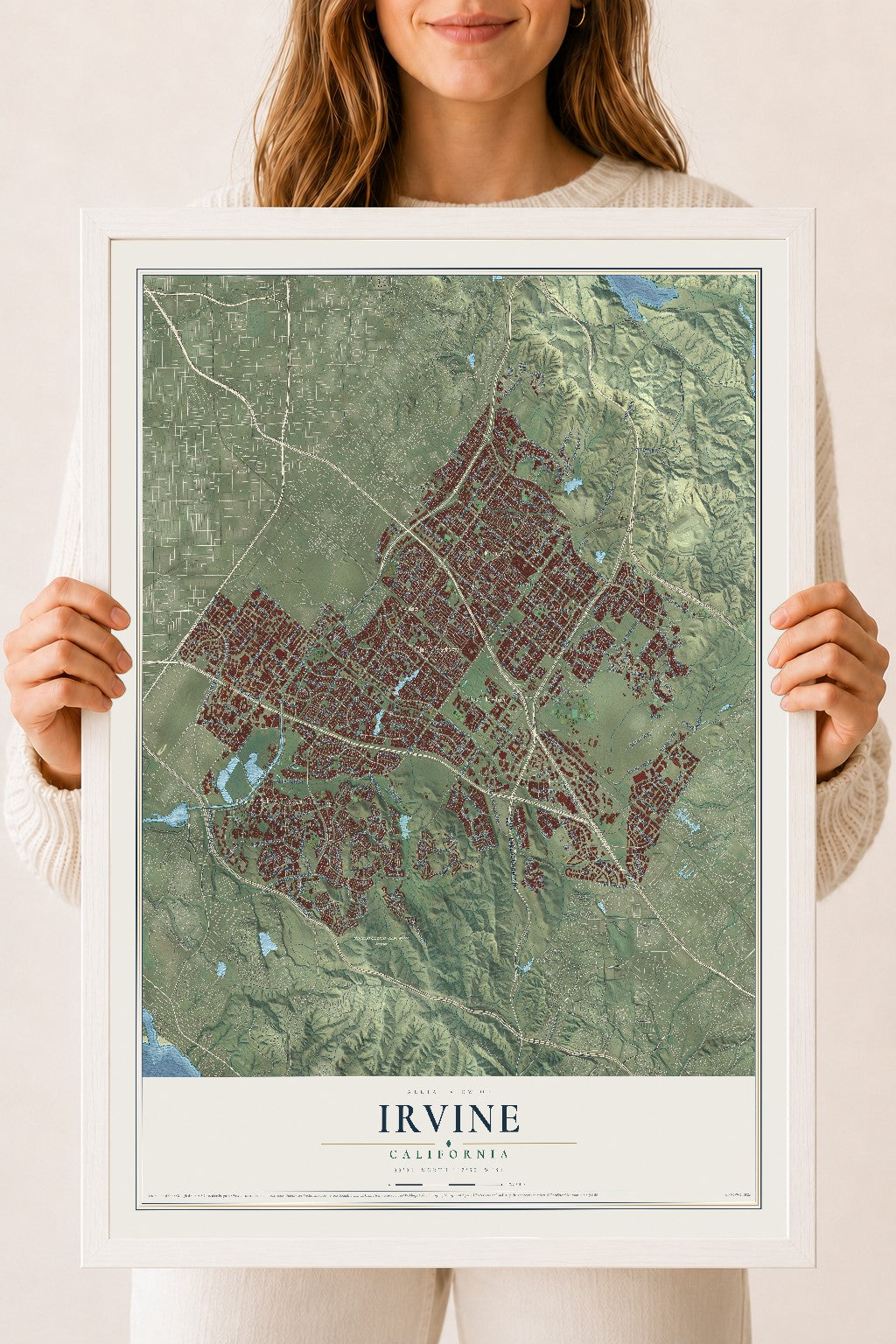 Map of Irvine, California, 18 x 24 inch print in a white wood frame