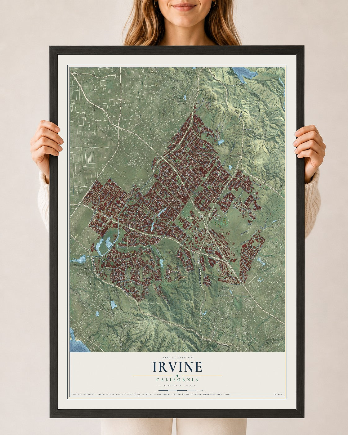 Map of Irvine, California, 24 x 36 inch print in a black wood frame