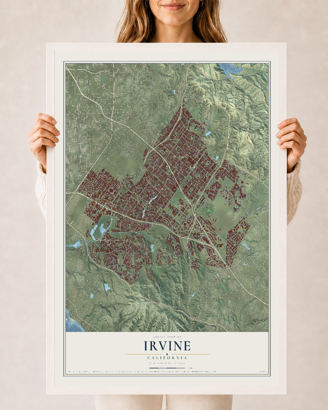 Map of Irvine, California, 24 x 36 inch print in a white wood frame