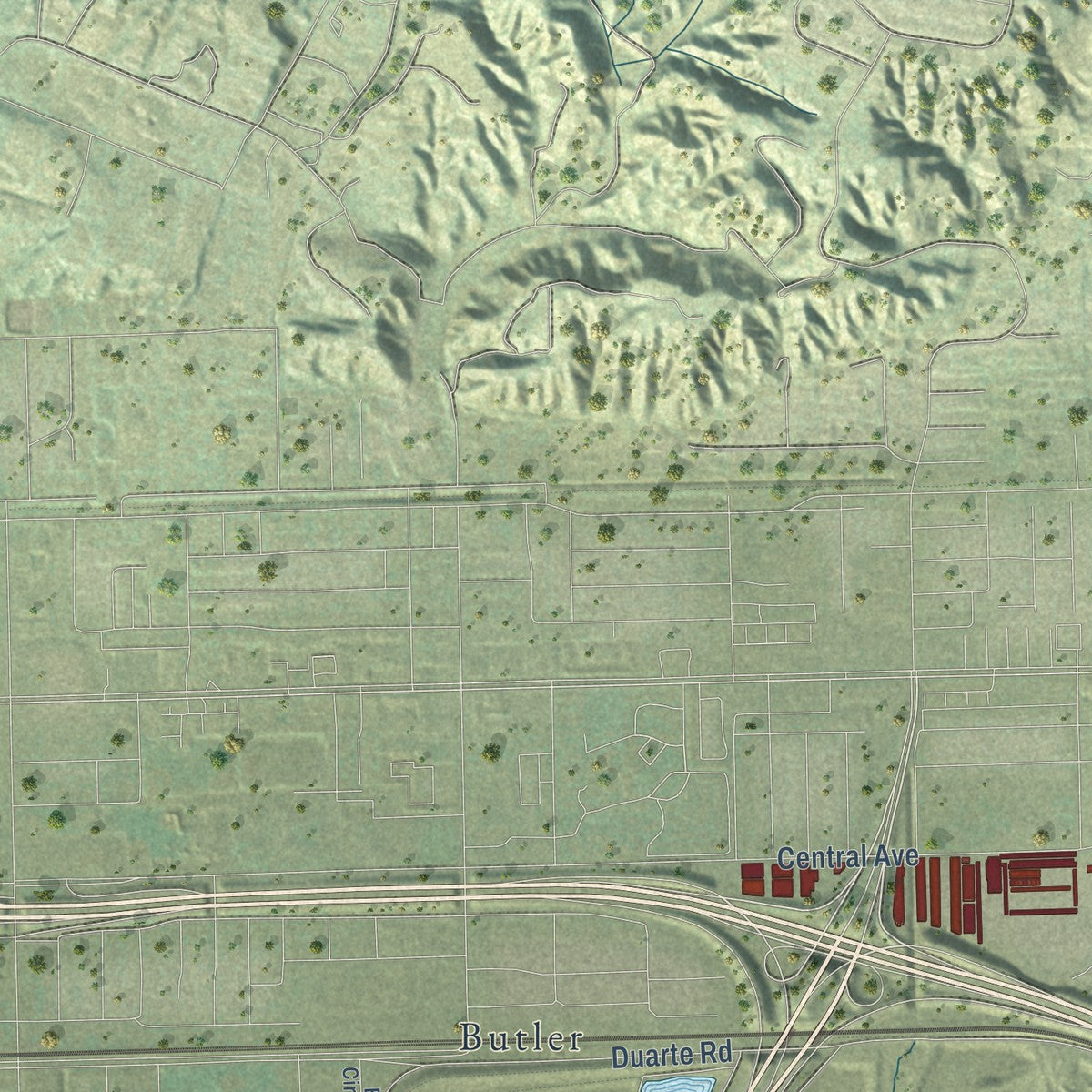 Second close-up of the map of Irwindale, California print showing more streets and buildings