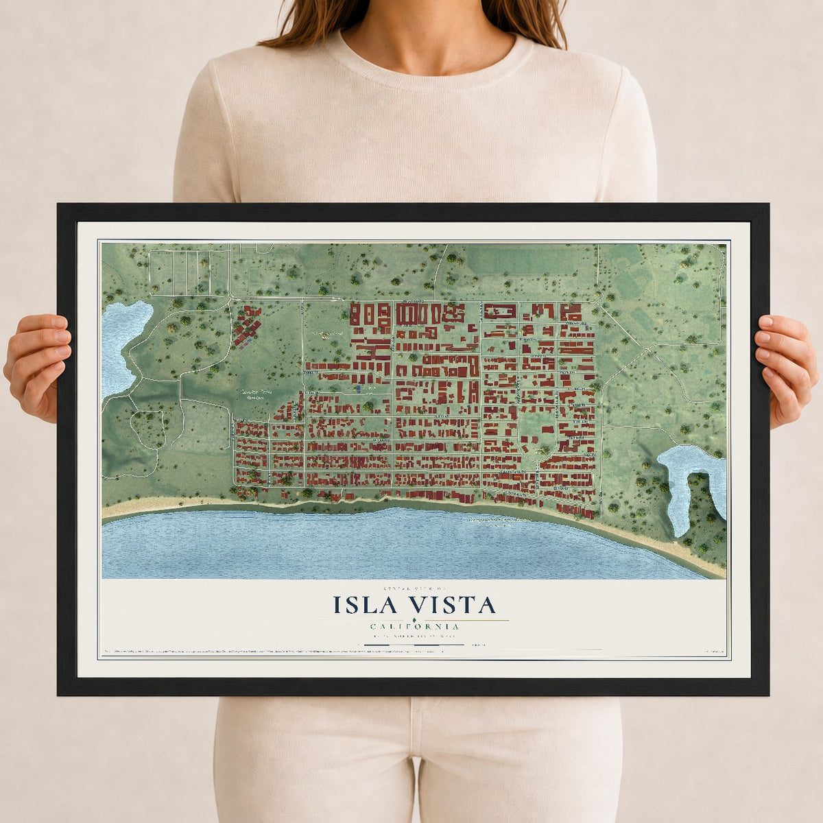 Map of Isla Vista, California, 12 x 18 inch print in a black wood frame