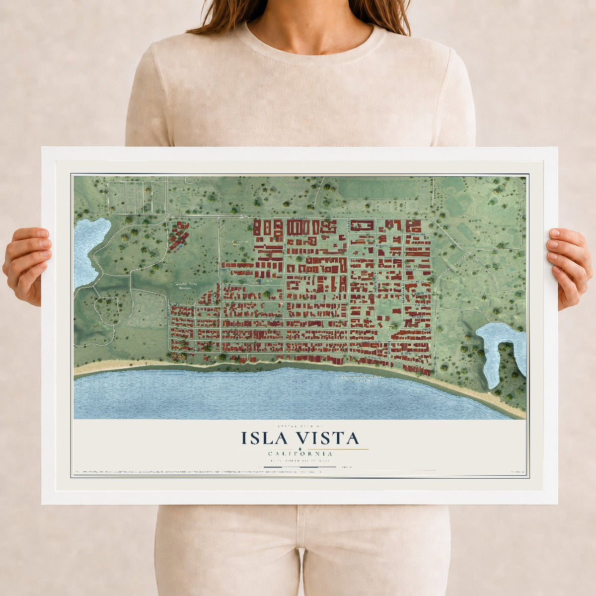 Map of Isla Vista, California, 12 x 18 inch print in a white wood frame