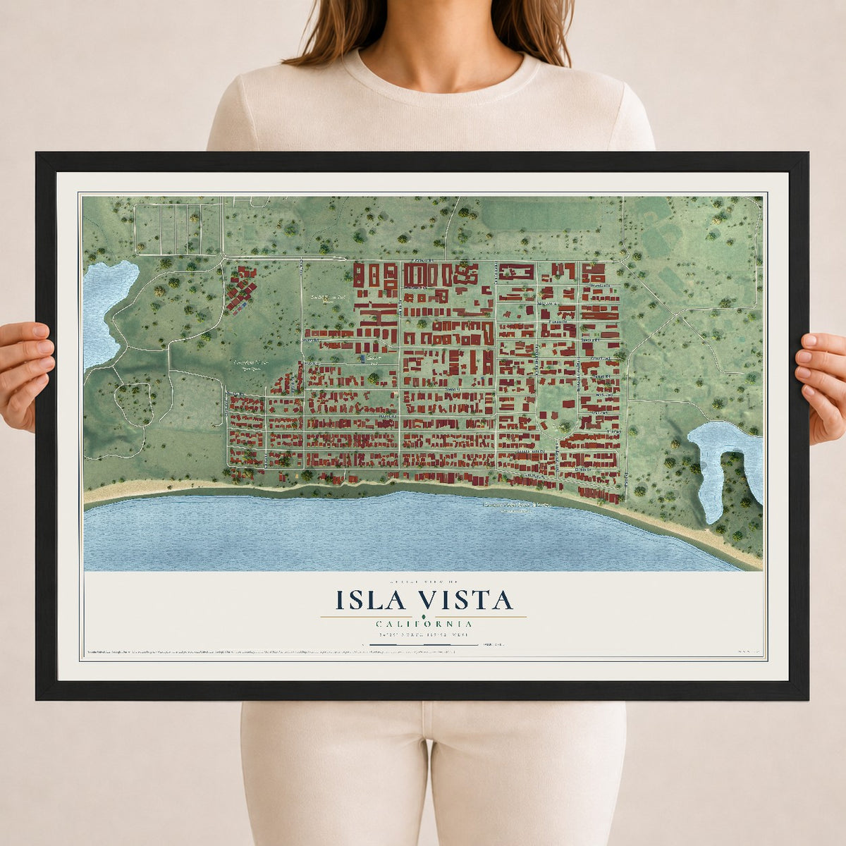 Map of Isla Vista, California, 18 x 24 inch print in a black wood frame