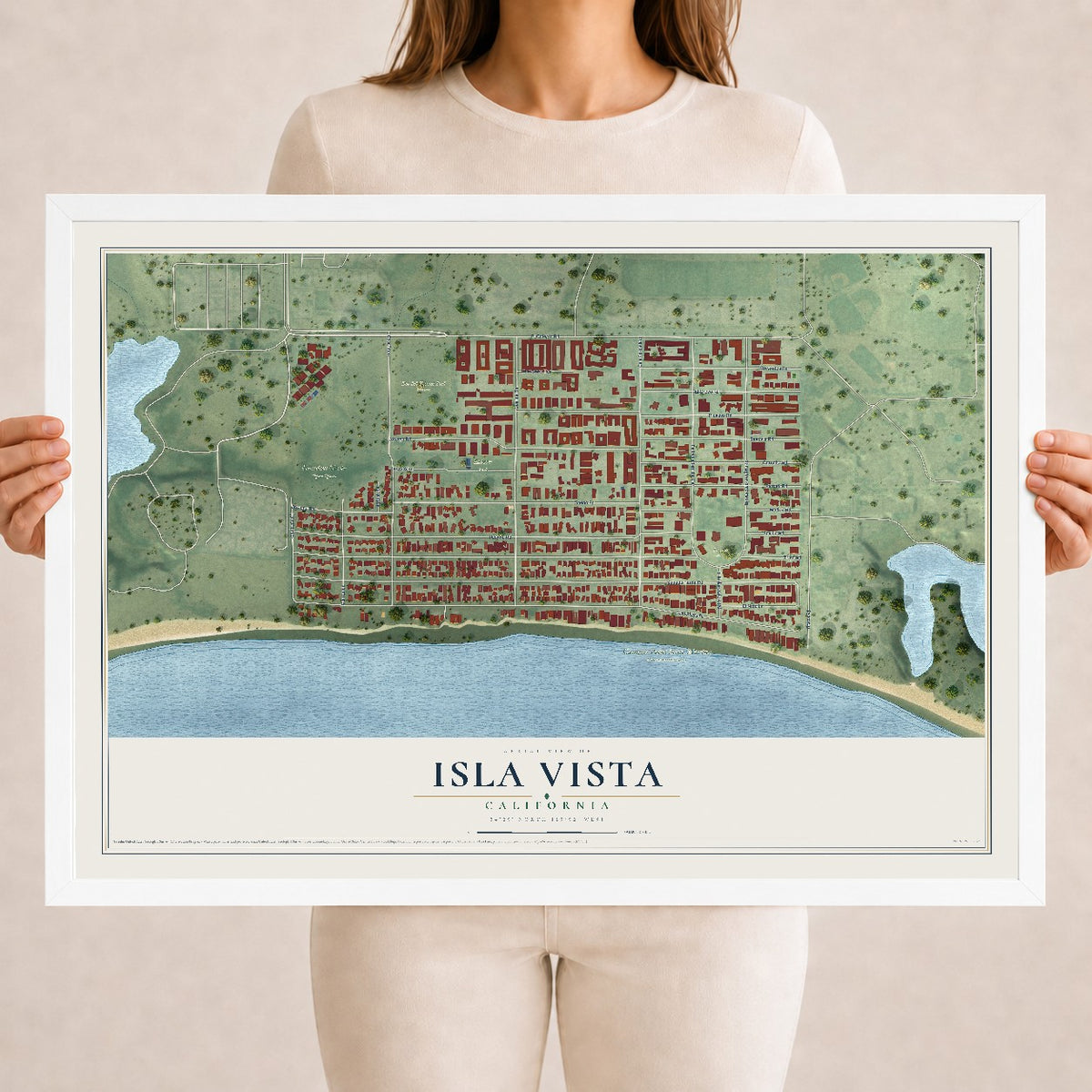 Map of Isla Vista, California, 18 x 24 inch print in a white wood frame