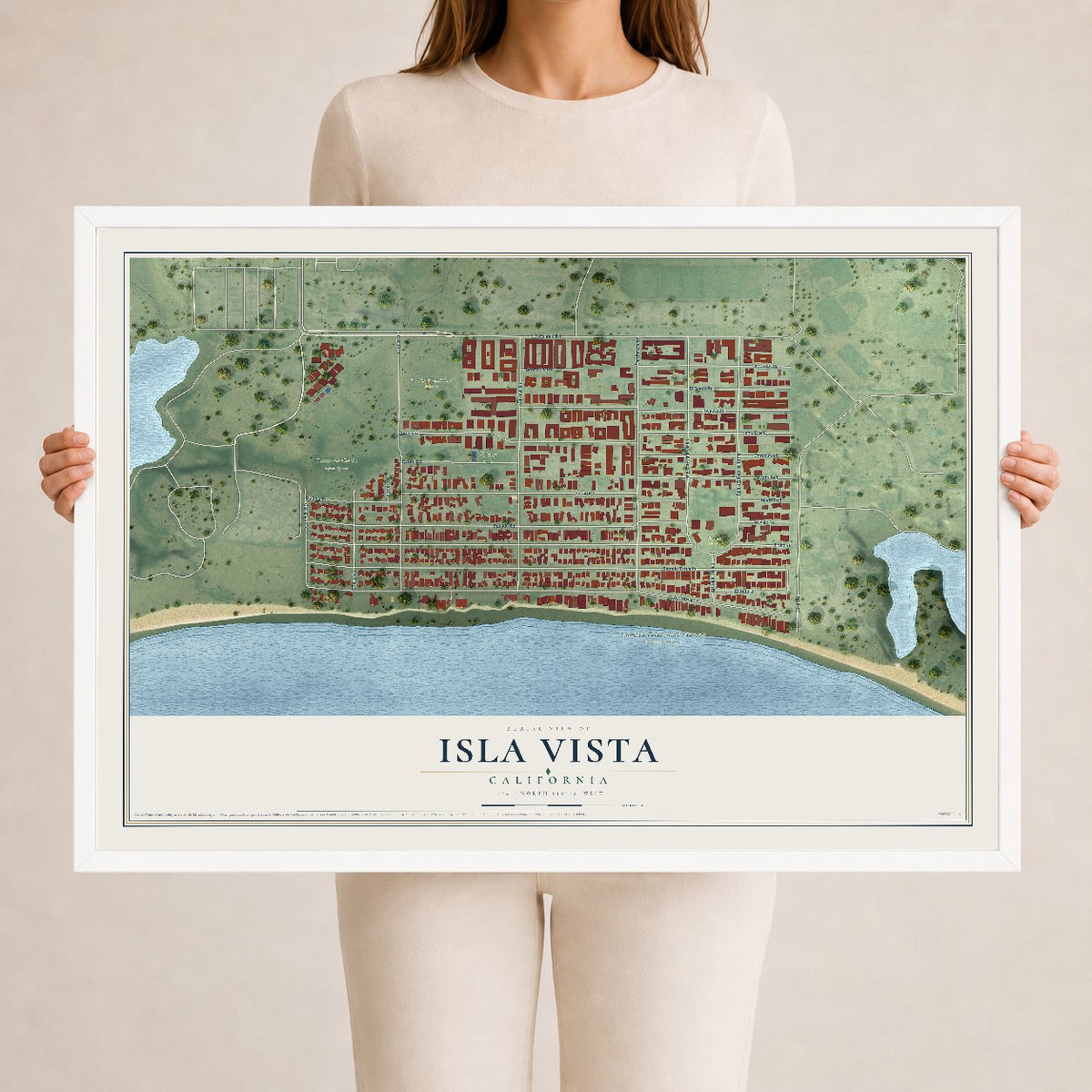 Map of Isla Vista, California, 24 x 36 inch print in a white wood frame