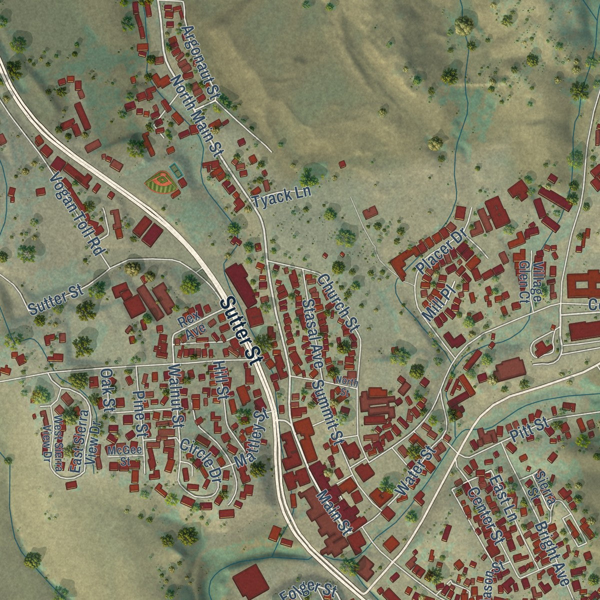 Close-up of the map of Jackson, California print showing street and building detail