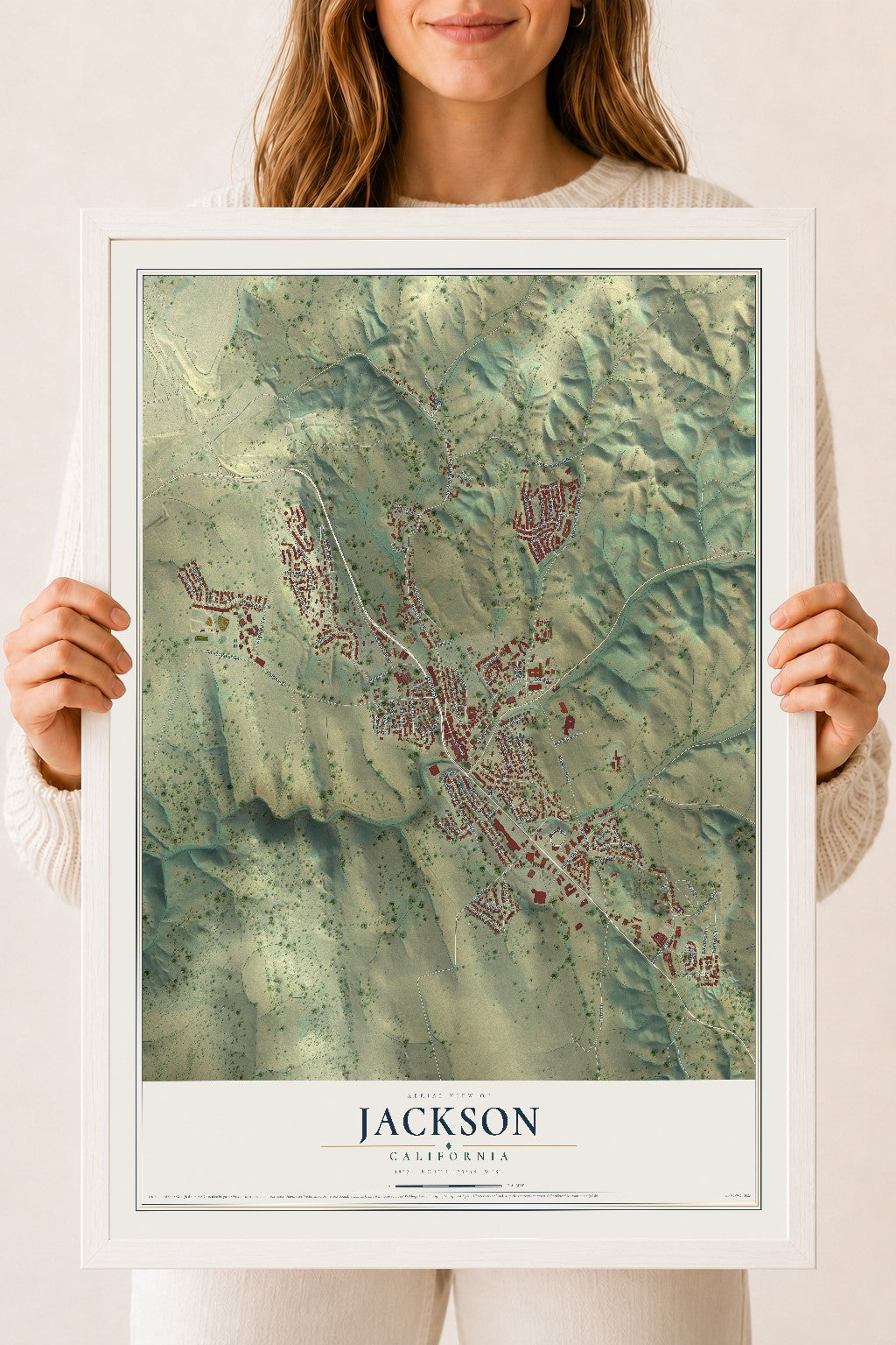 Map of Jackson, California, 18 x 24 inch print in a white wood frame