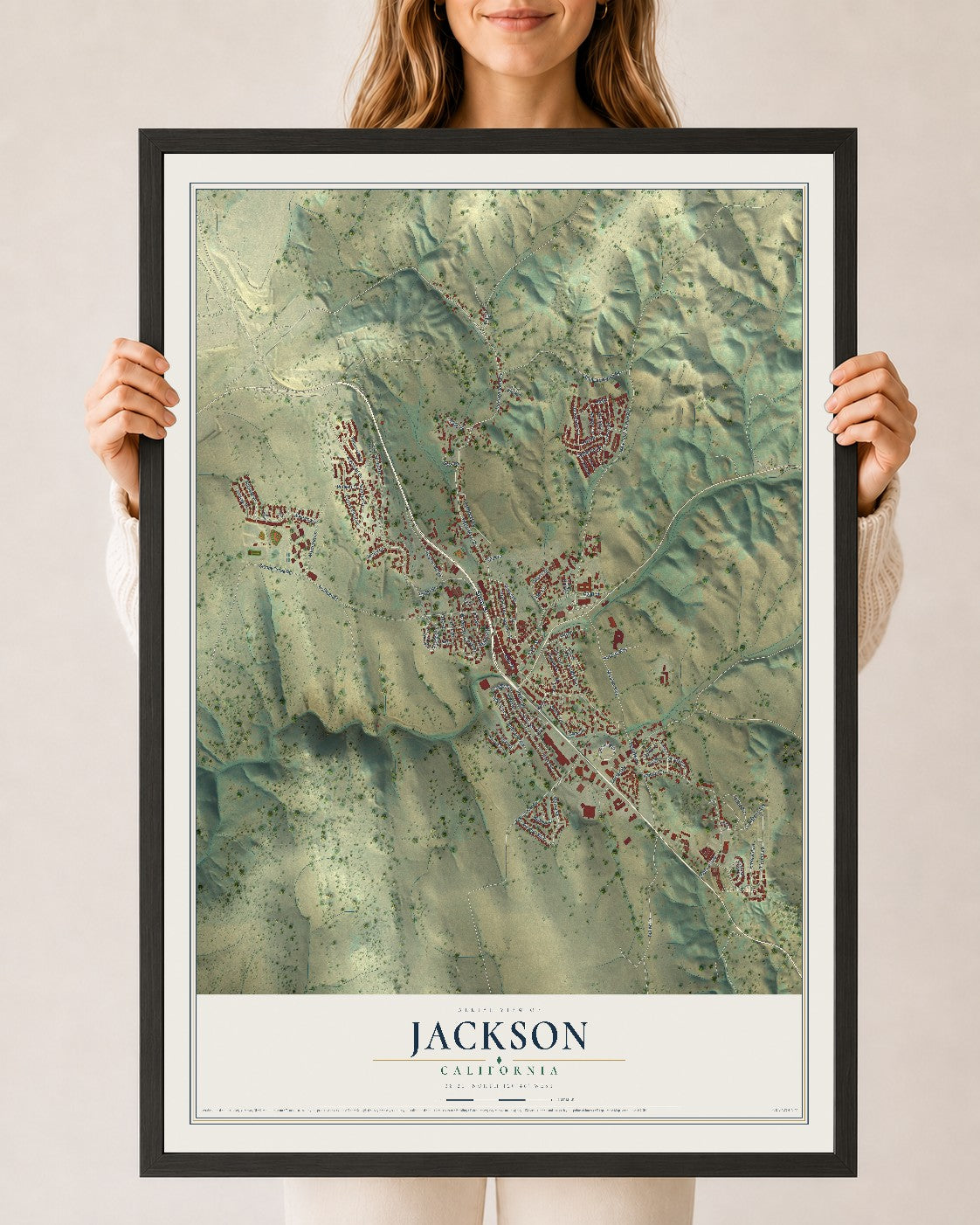 Map of Jackson, California, 24 x 36 inch print in a black wood frame