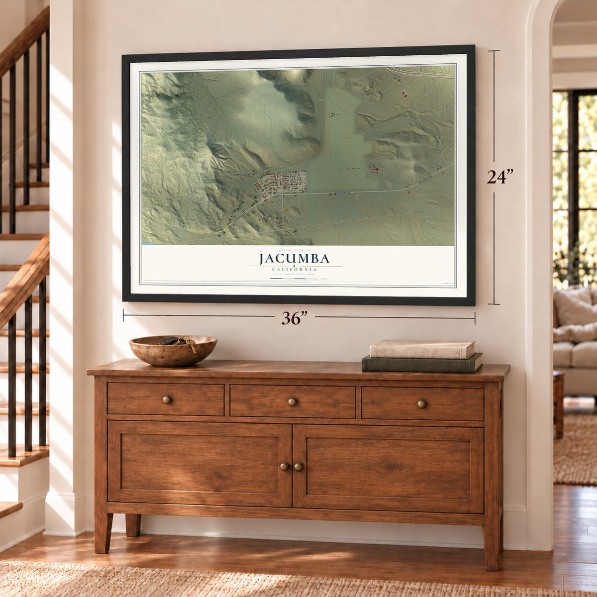 Jacumba, California map, 24 x 36 inch print in a black frame above a dresser by a staircase