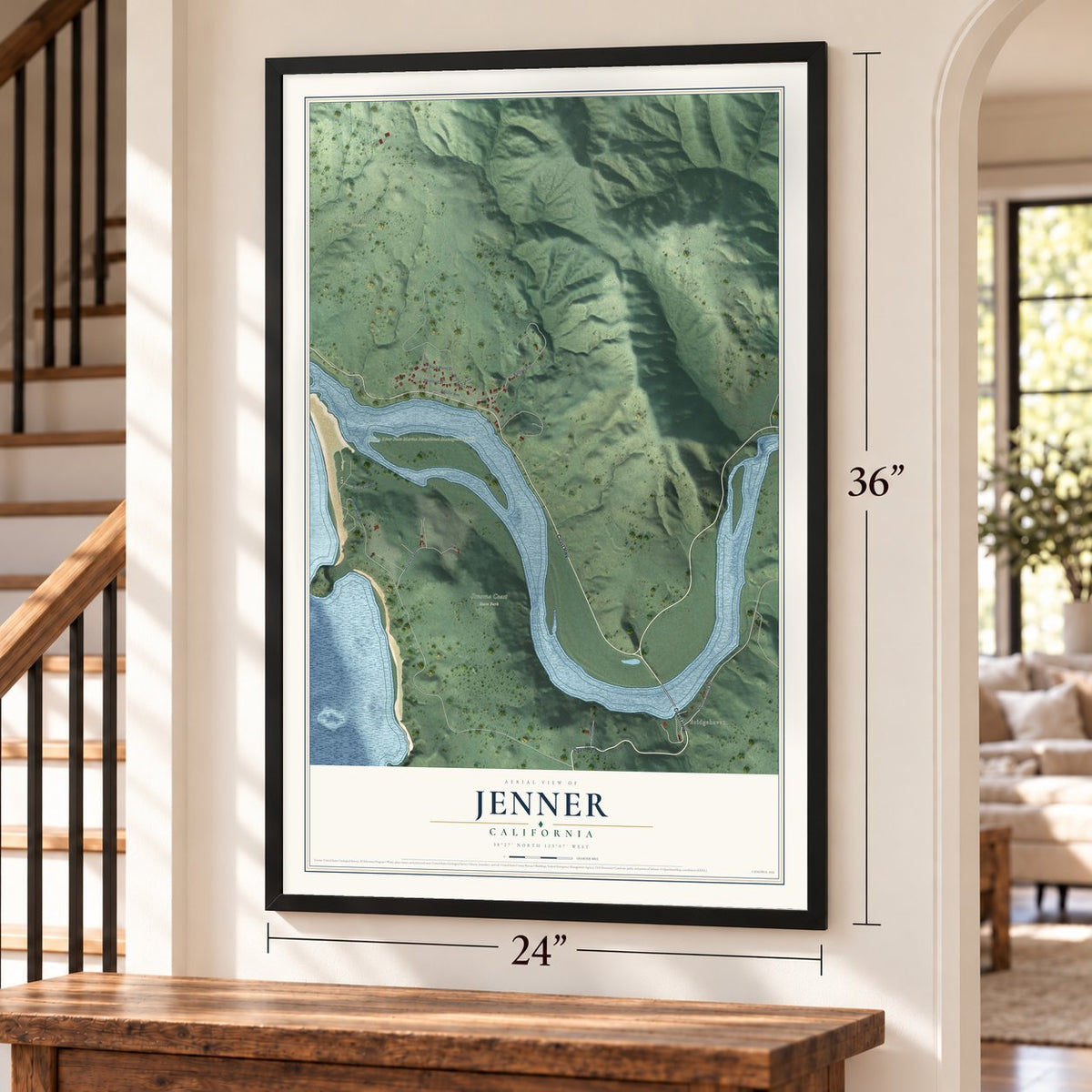 Jenner, California map, 24 x 36 inch print in a black frame by a staircase