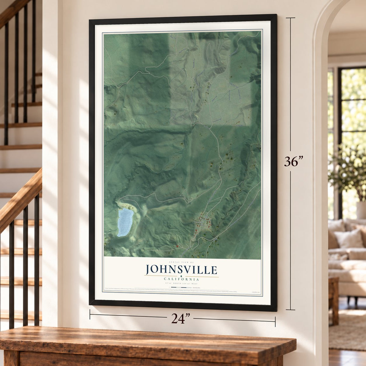 Johnsville, California map, 24 x 36 inch print in a black frame by a staircase