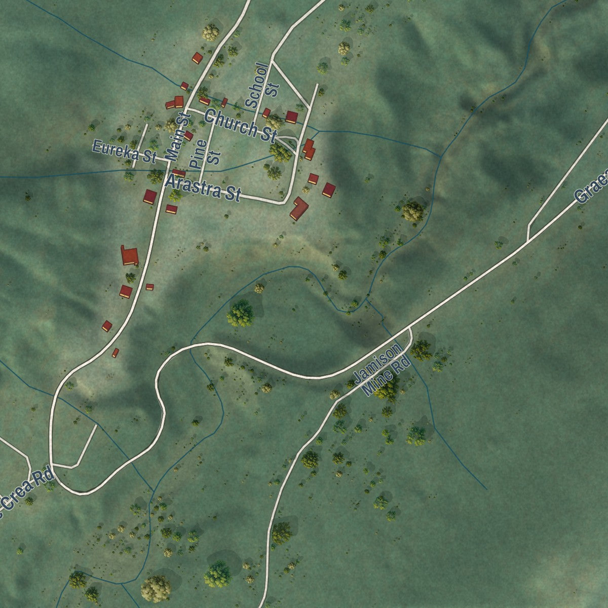Close-up of the map of Johnsville, California print showing street and building detail