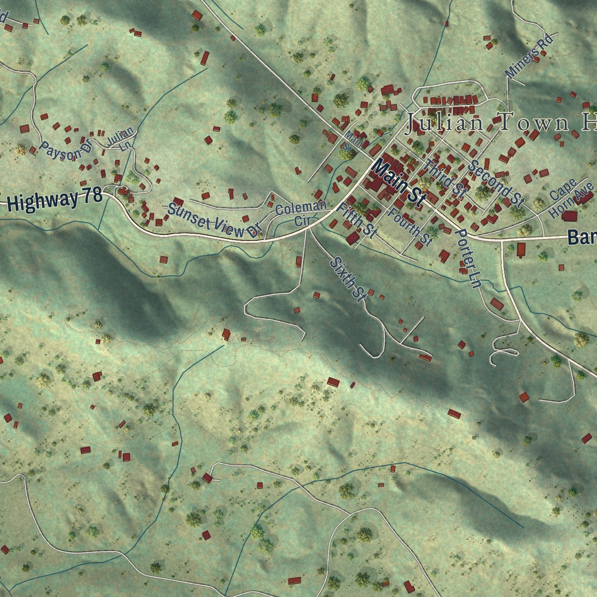 Second close-up of the map of Julian, California print showing more streets and buildings