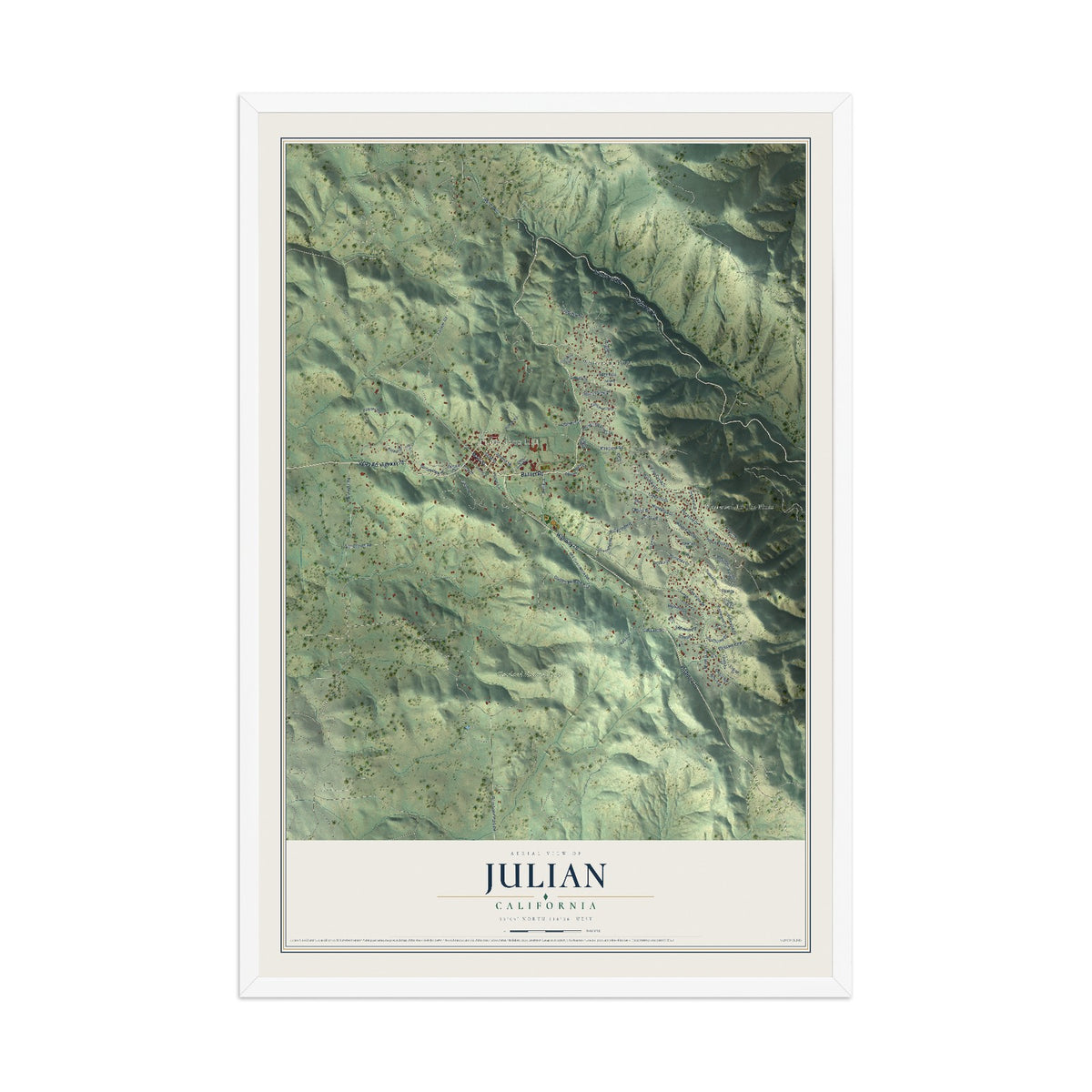 Map of Julian, California, 12 x 18 inch print in a white wood frame
