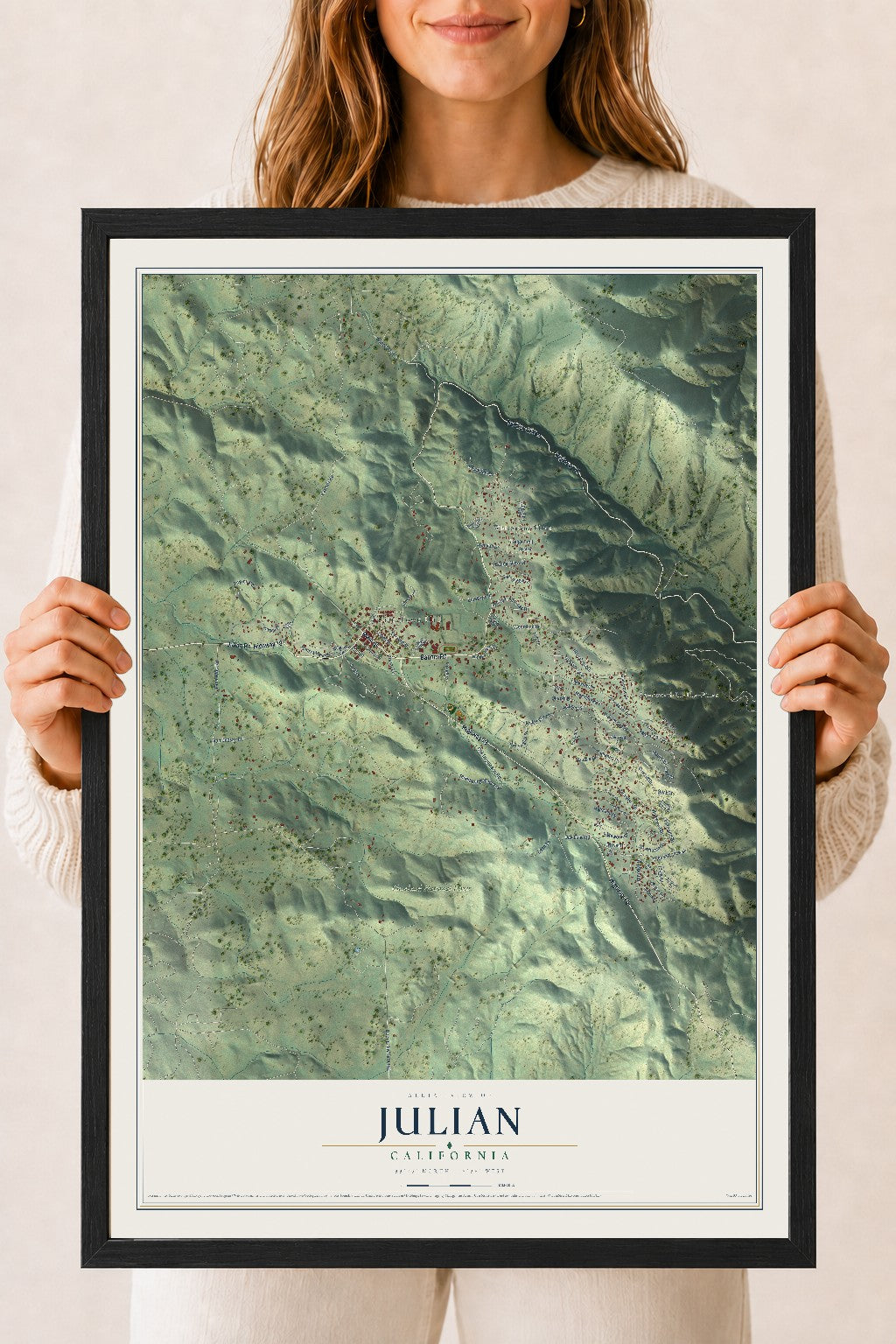 Map of Julian, California, 18 x 24 inch print in a black wood frame