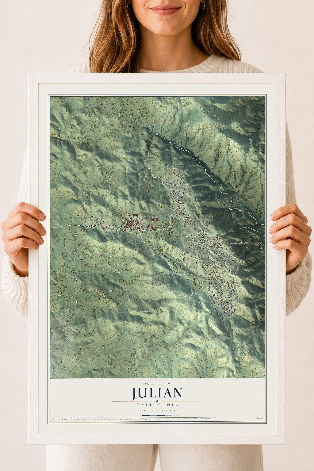 Map of Julian, California, 18 x 24 inch print in a white wood frame