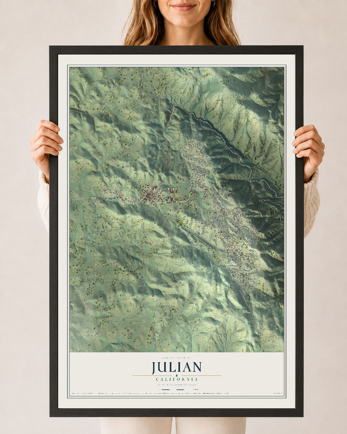 Map of Julian, California, 24 x 36 inch print in a black wood frame