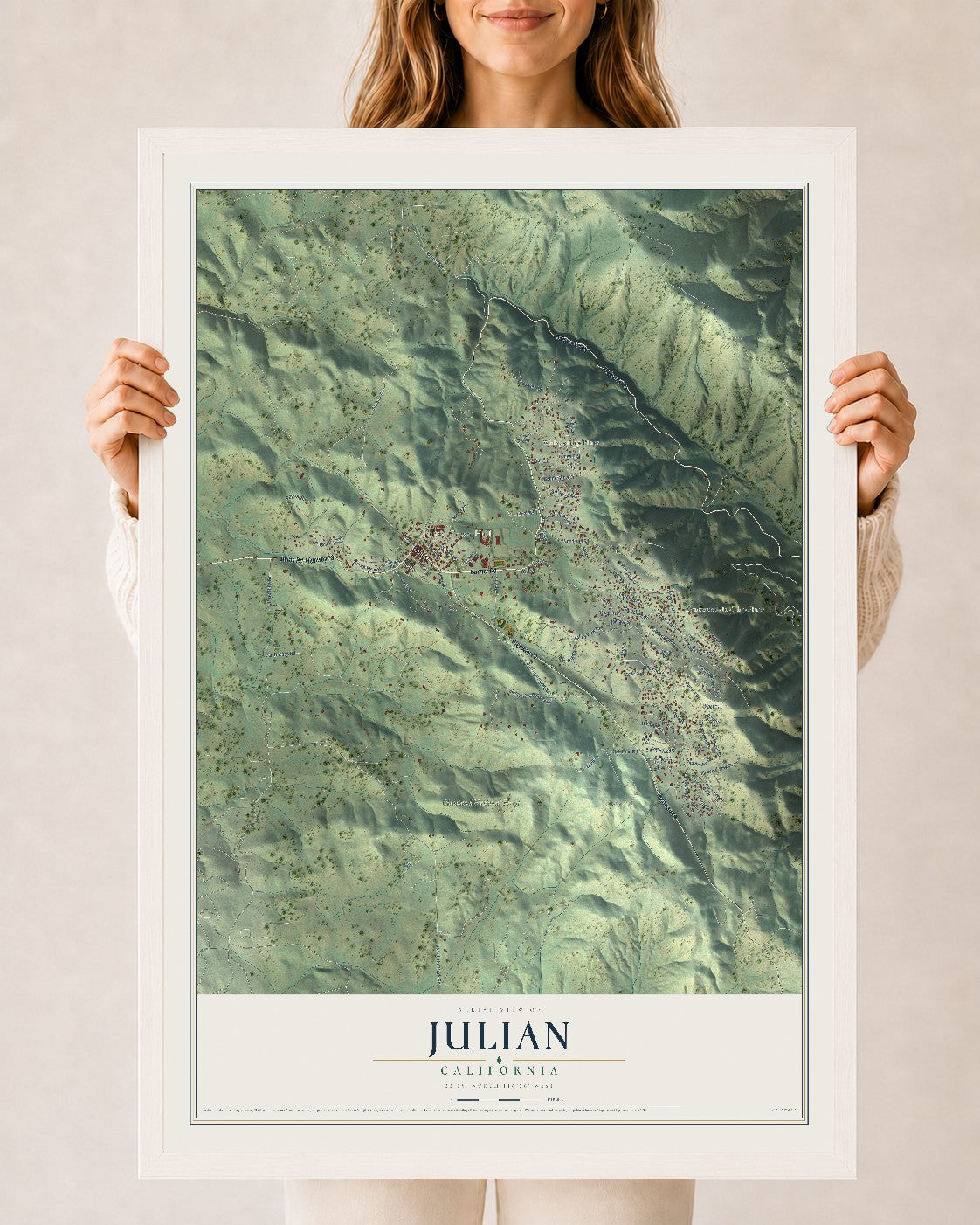 Map of Julian, California, 24 x 36 inch print in a white wood frame